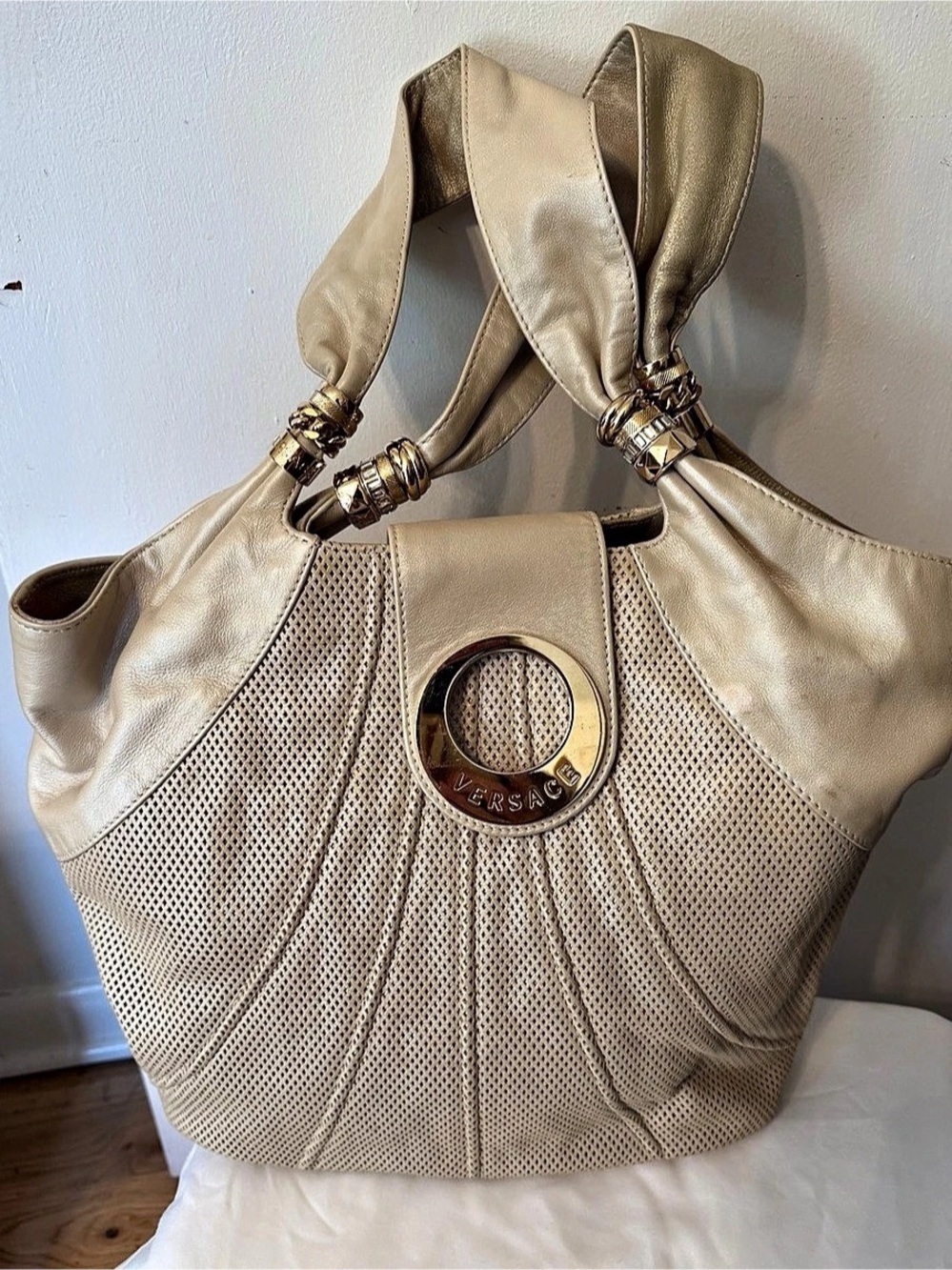 Versace Textured Shoulder Bag in Cream & Gold